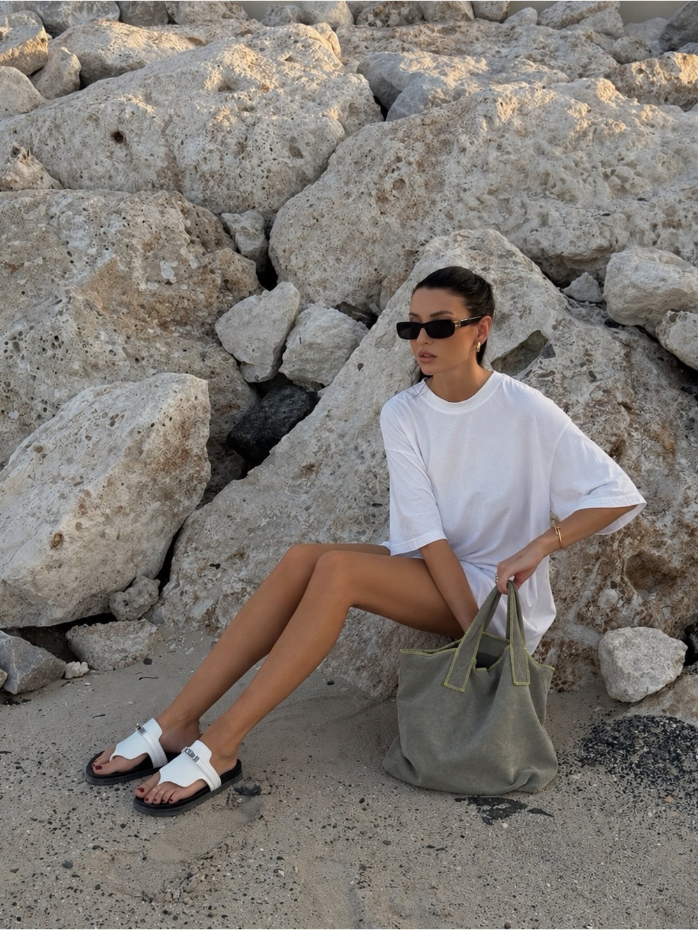 Handmade Olive Grey Stretchy Ribbed Tote Bag Neon Stitch Gym Beach Shopper